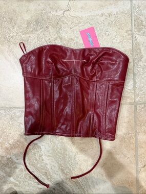 Edikted Burgundy Faux Leather Strapless Crop Top